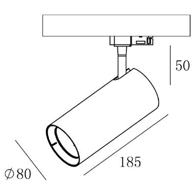 Náčrt válcového stropního svítidla, rozměry: délka 185 mm, průměr 80 mm, vzdálenost od stropu 50 mm.