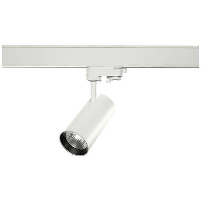 Stropní bodové svítidlo v bílé barvě namontované na kolejnici, válcovitého designu, přizpůsobené pro směrové osvětlení.