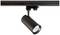 Černý LED bodový reflektor namontovaný na kolejnici. Reflektor je nasměrován dolů a svítí jasně.