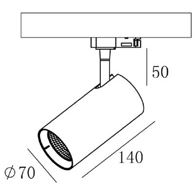 Diagram stropního svítidla s válcovým tělesem. Rozměry: 50 mm výška od stropu, 140 mm délka, průměr 70 mm.