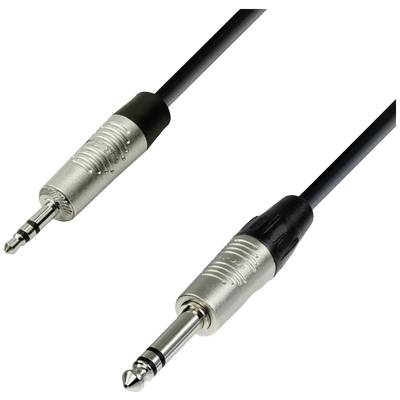 Černý audiokabel s 3,5mm stereokonektorem na levé straně a 6,35mm stereokonektorem na straně pravé.