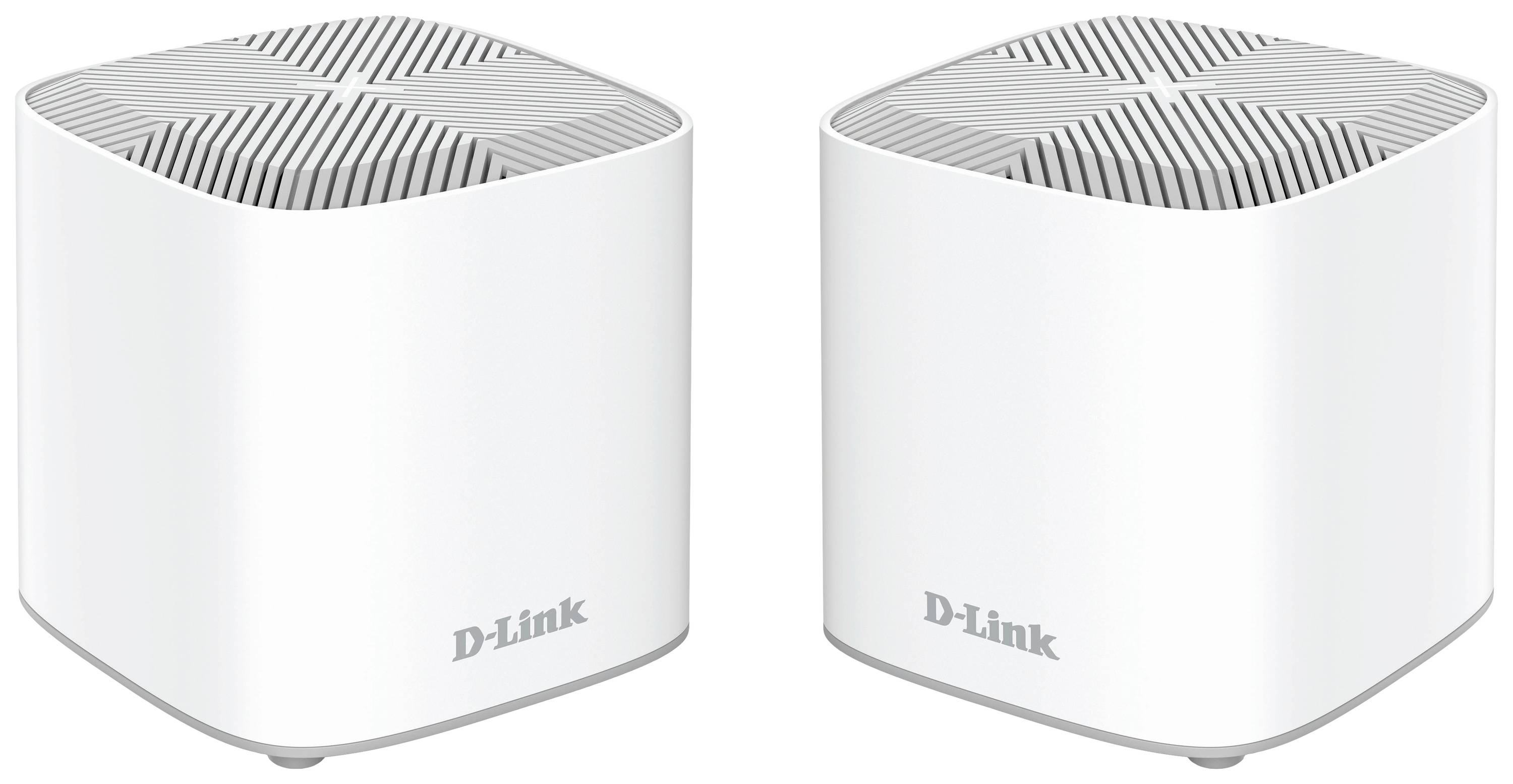 Dva bílé, kostkovité routery Wi-Fi od společnosti D-Link položené vedle sebe, s větracími otvory nahoře, na bílém pozadí.