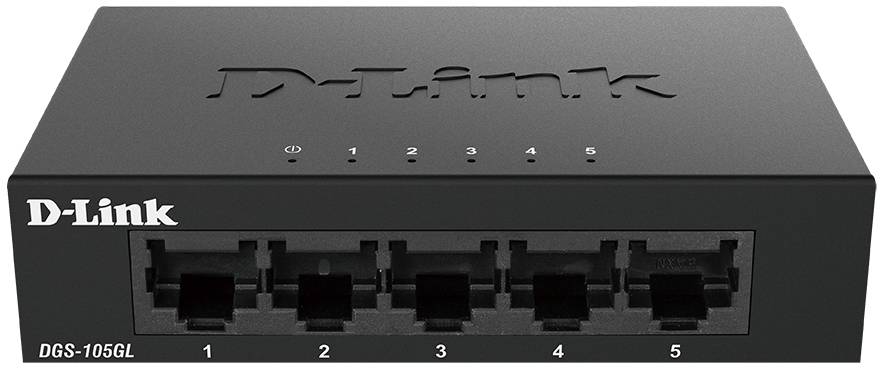 Síťový switch od D-Linku s pěti ethernetovými porty, model DGS-105GL, určený pro správu a propojení zařízení v síti.