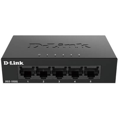 Síťový switch od D-Linku s pěti ethernetovými porty, model DGS-105GL, určený pro správu a propojení zařízení v síti.