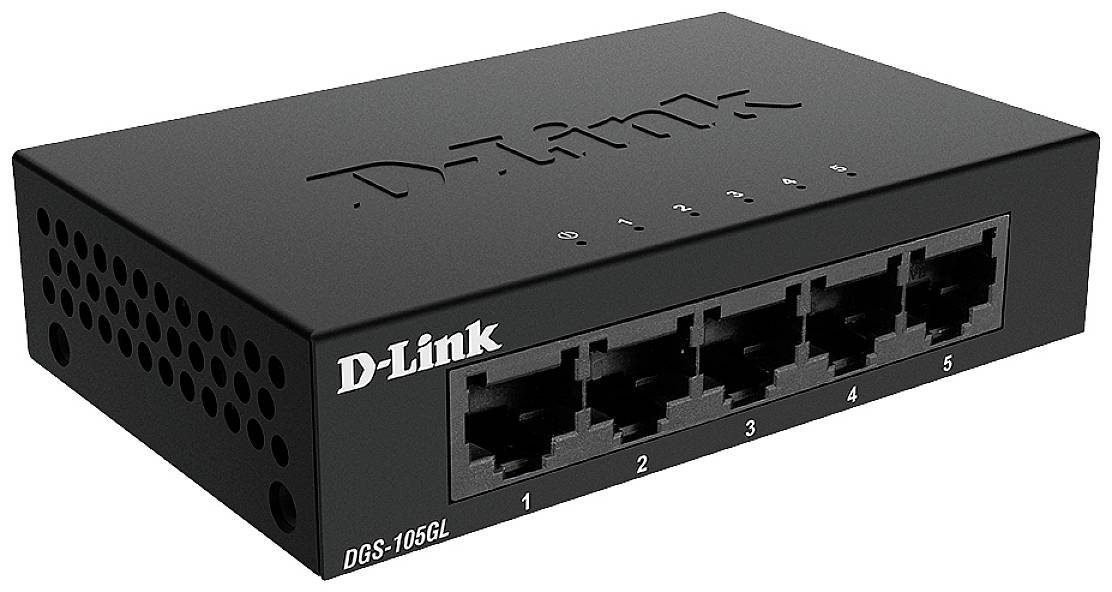 Síťový switch značky D-Link, model DGS-105GL, s pěti ethernetovými porty, vhodný pro domácí a kancelářské použití.