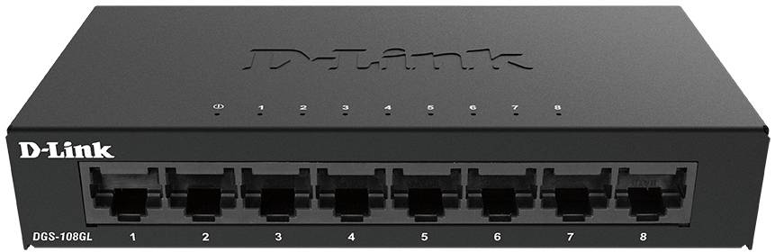 Černý síťový switch od D-Linku s osmi ethernetovými porty, model DGS-108GL, vhodný pro kancelářské nebo domácí sítě.