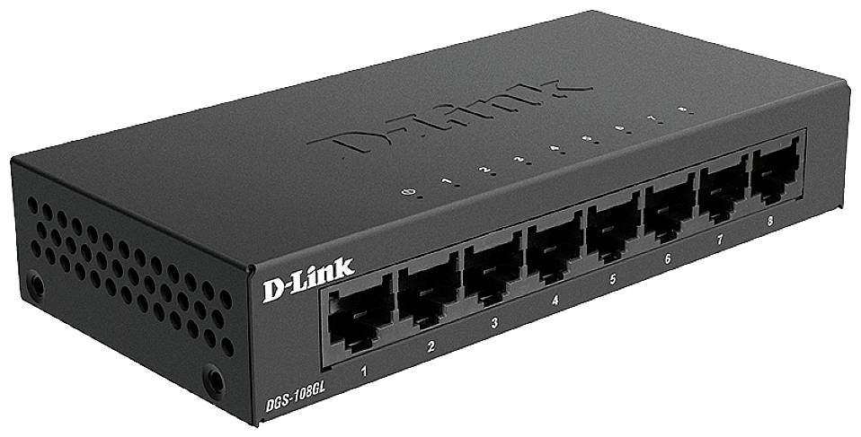Síťový switch s osmi ethernetovými porty, označenými čísly 1 až 8. Zařízení je černé s logem 'D-Link' na horní straně.