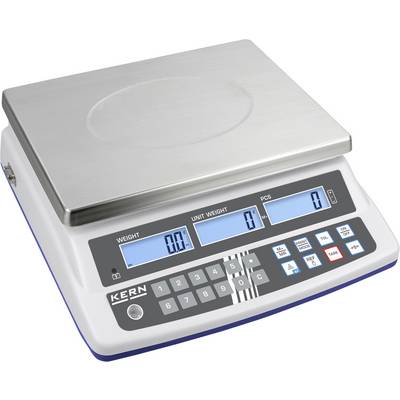 Elektronická váha s digitálním displejem, zobrazující hmotnostní jednotky a počet kusů. Používá se v obchodním nebo laboratorním prostředí.