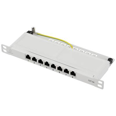 Patch panel s osmi ethernetovými porty a uzemňovací svorkou. Používá se pro síťové propojení v IT infrastrukturách.