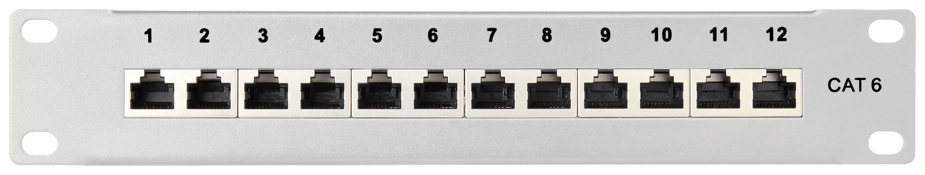 Patch panel se 12 síťovými porty CAT 6, číslovanými od 1 do 12. Stříbrné šasi se dvěma montážními otvory v rozích.