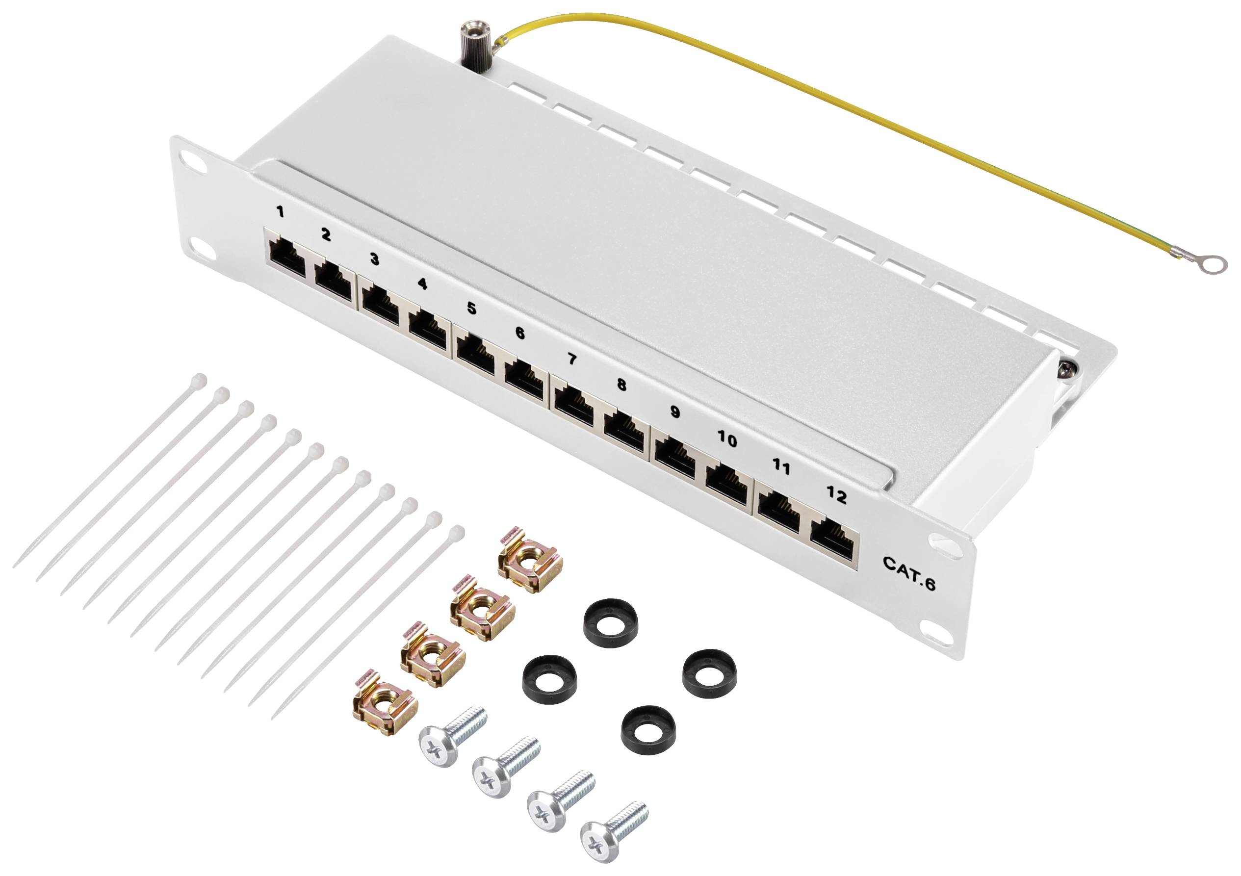 Patch panel CAT.6 se 12 RJ45 porty, žlutým uzemňovacím kabelem a montážním příslušenstvím včetně šroubů a vázacích pásek.