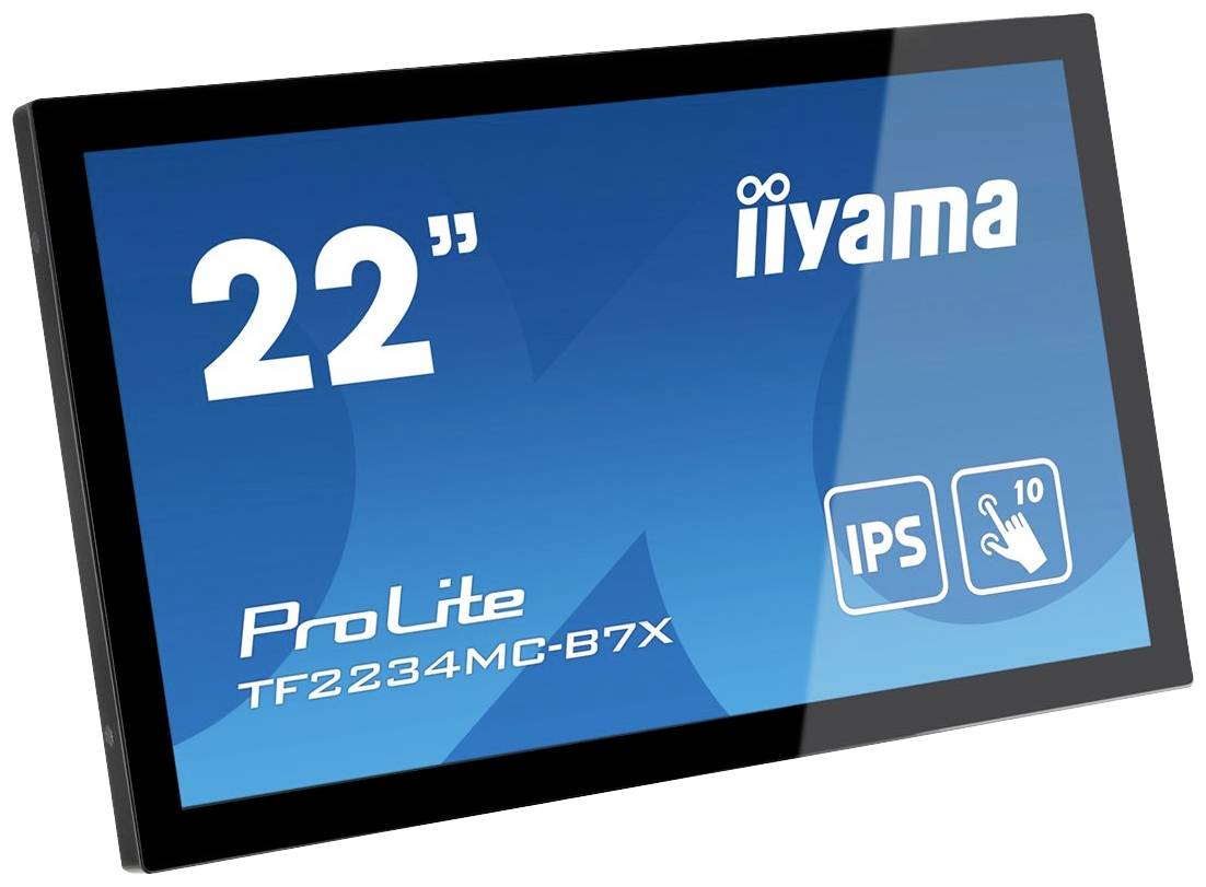 22" iiyama ProLite TF2234MC-B7X monitor s IPS technologií a 10bodovým dotykovým displejem na modrém pozadí.