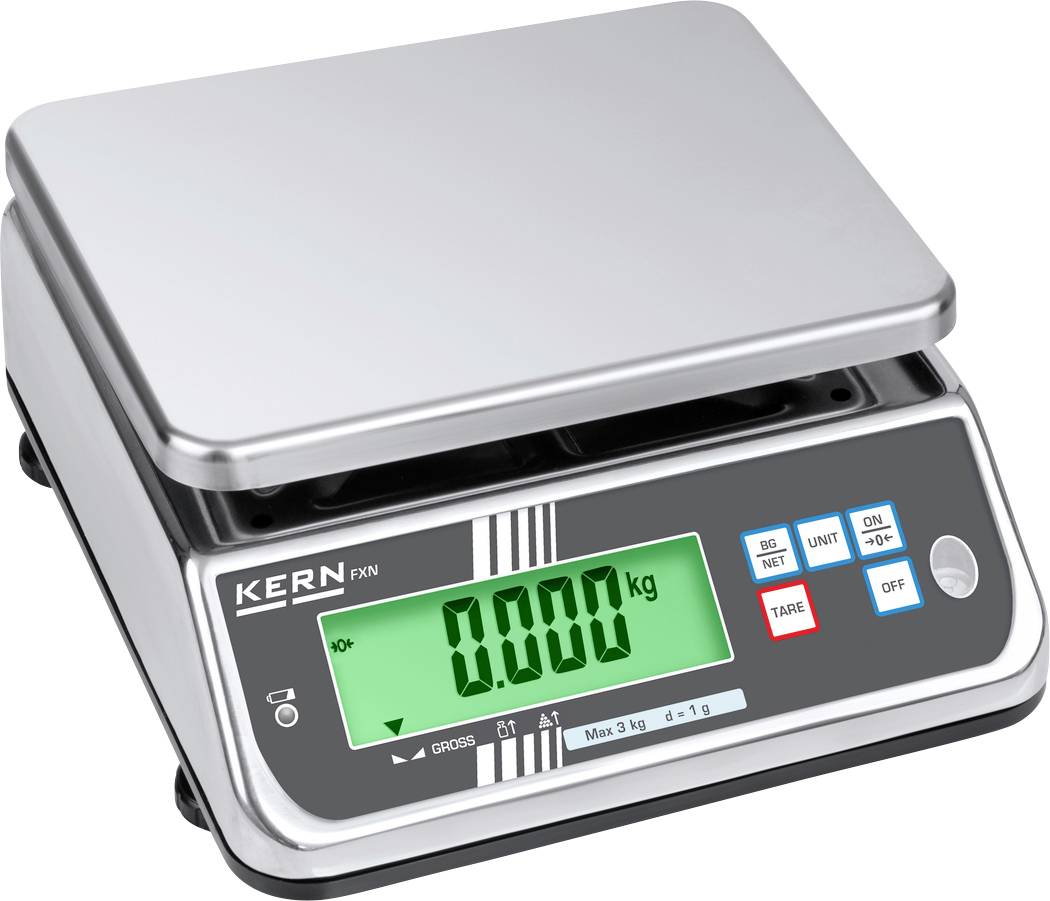 Elektronická stolní váha s digitálním displejem zobrazuje '0,000 kg'. Ovládací tlačítka pro tárování, změnu jednotek a zapnutí/vypnutí.