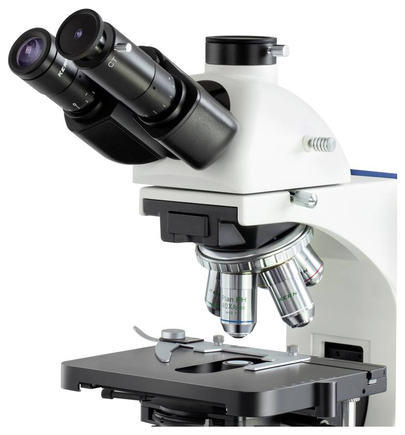 Mikroskop s více objektivy, okuláry a držákem preparátů určené pro zkoumání vzorků v laboratoři.