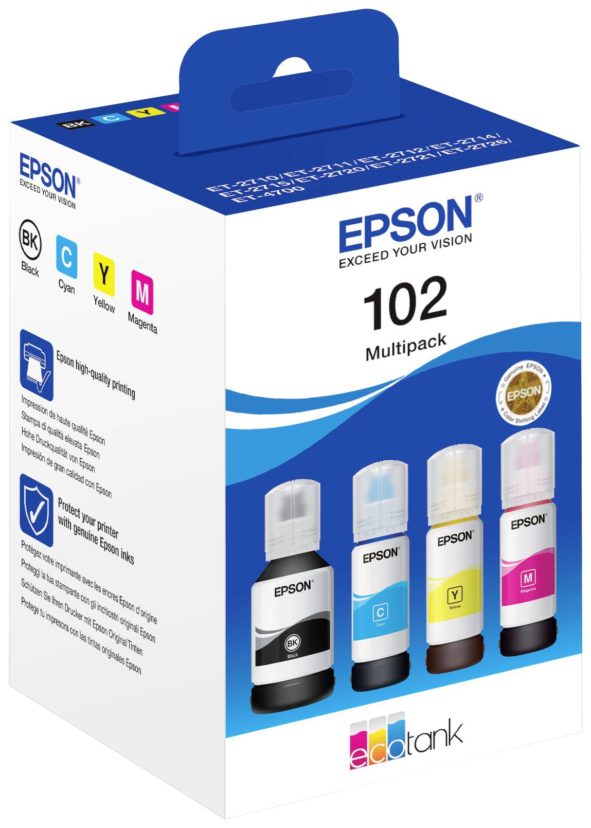 Balení Epson 102 multibarevné inkoustové lahvičky se čtyřmi lahvičkami: černá, azurová, purpurová a žlutá, určené pro tiskárny EcoTank.