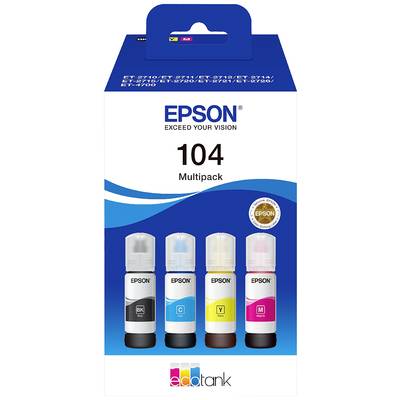 Balení sady inkoustových lahviček značky Epson v multipacku se čtyřmi barvami: černá, azurová, žlutá a purpurová. Určeno pro tiskárny EcoTank.