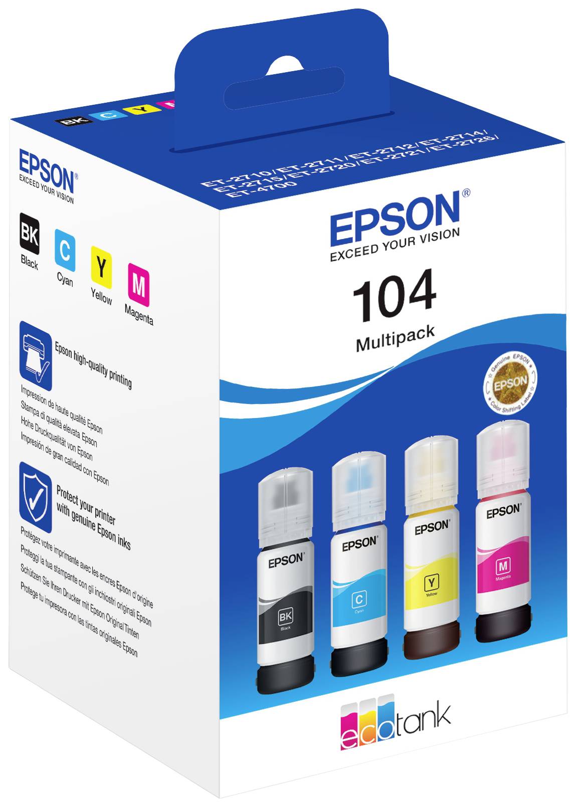 Inkoustová sada 'Epson 104 Multipack' v černé, azurové, žluté a purpurové barvě. Vhodná pro tiskárny EcoTank.