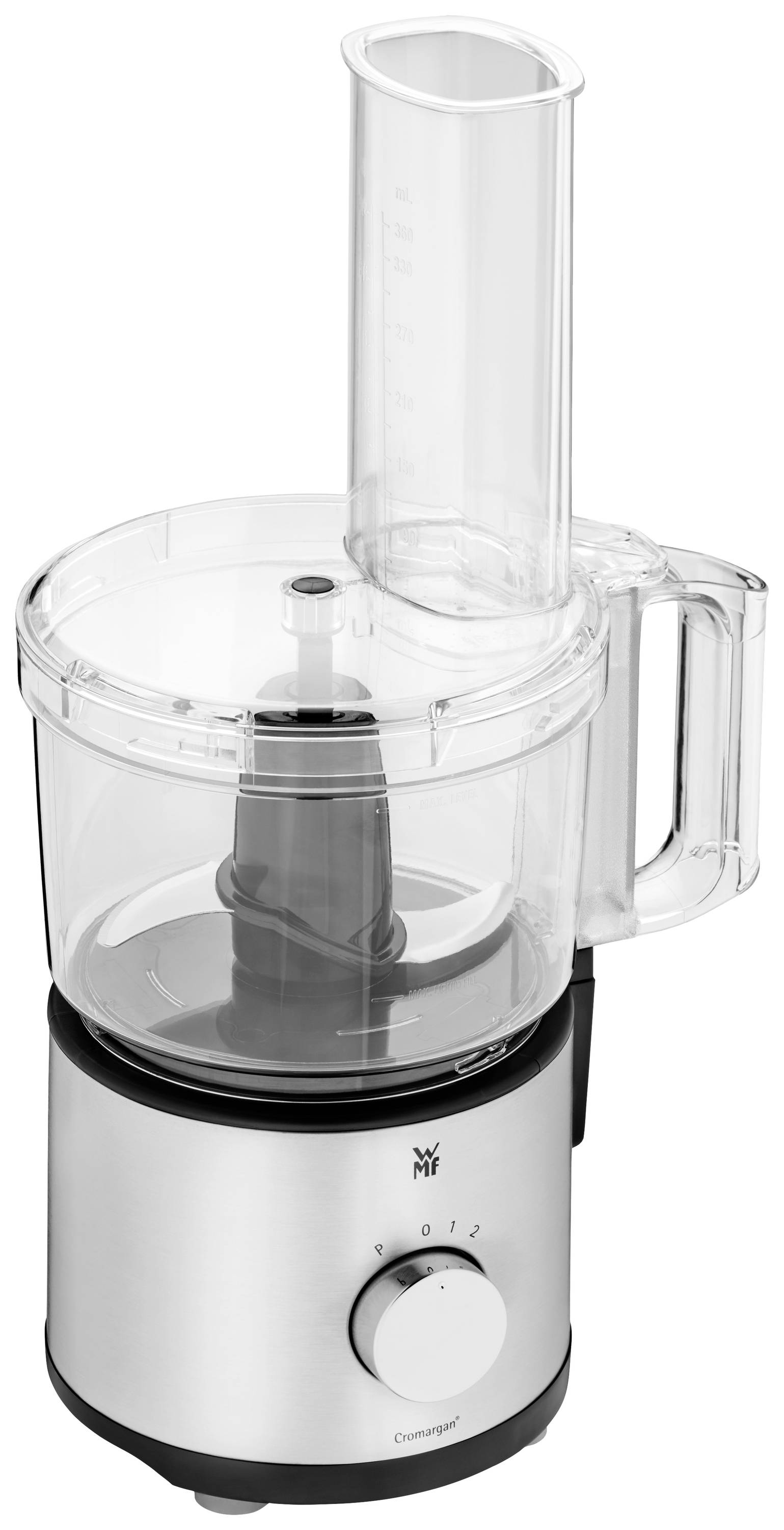 Stříbrný kuchyňský robot s průhlednou nádobou a ovládacím knoflíkem, vhodný pro sekání a míchání ingrediencí.