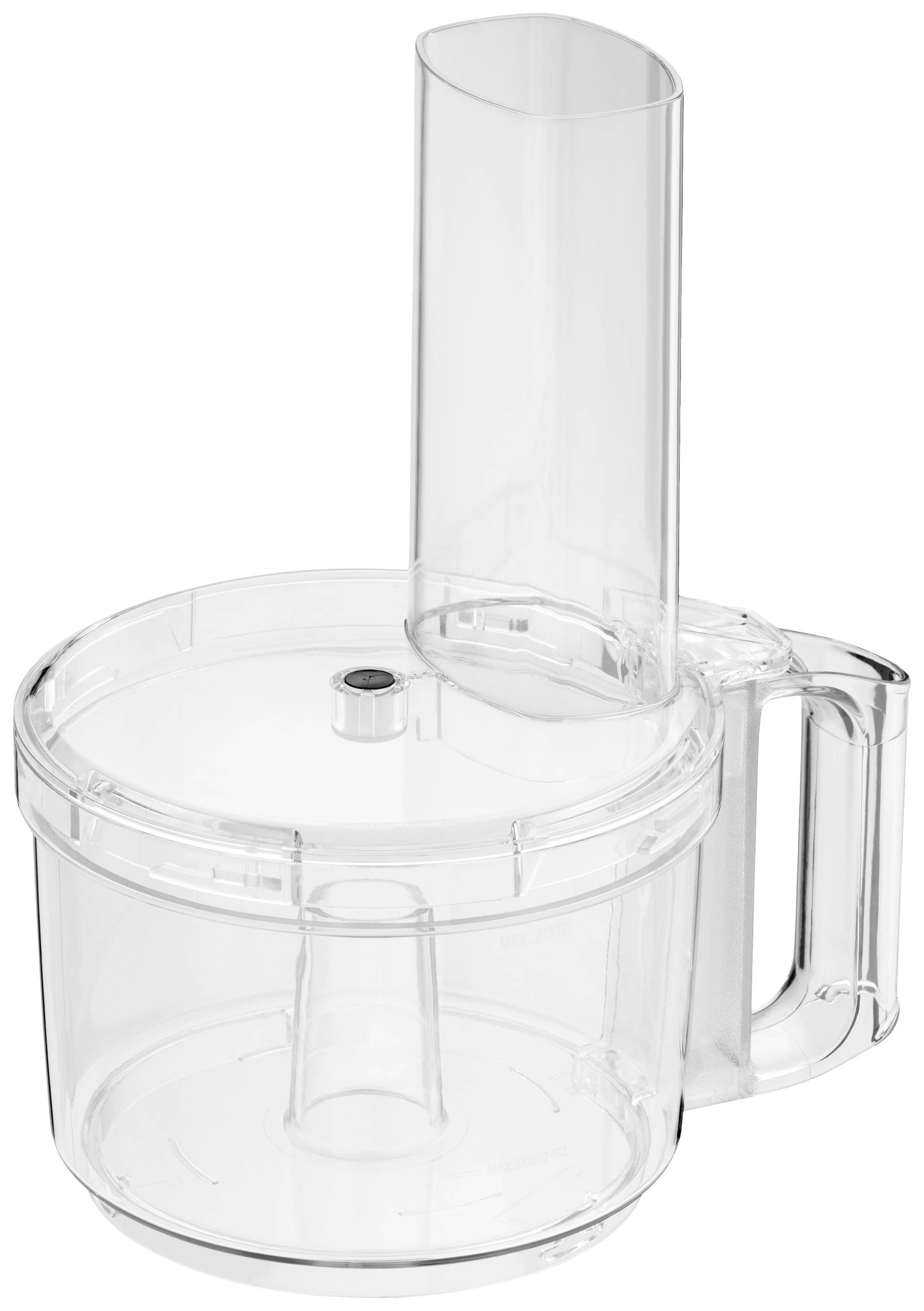 Průhledná mísa kuchyňského robotu s rukojetí a plnicí trubicí, vhodná pro přípravu surovin.