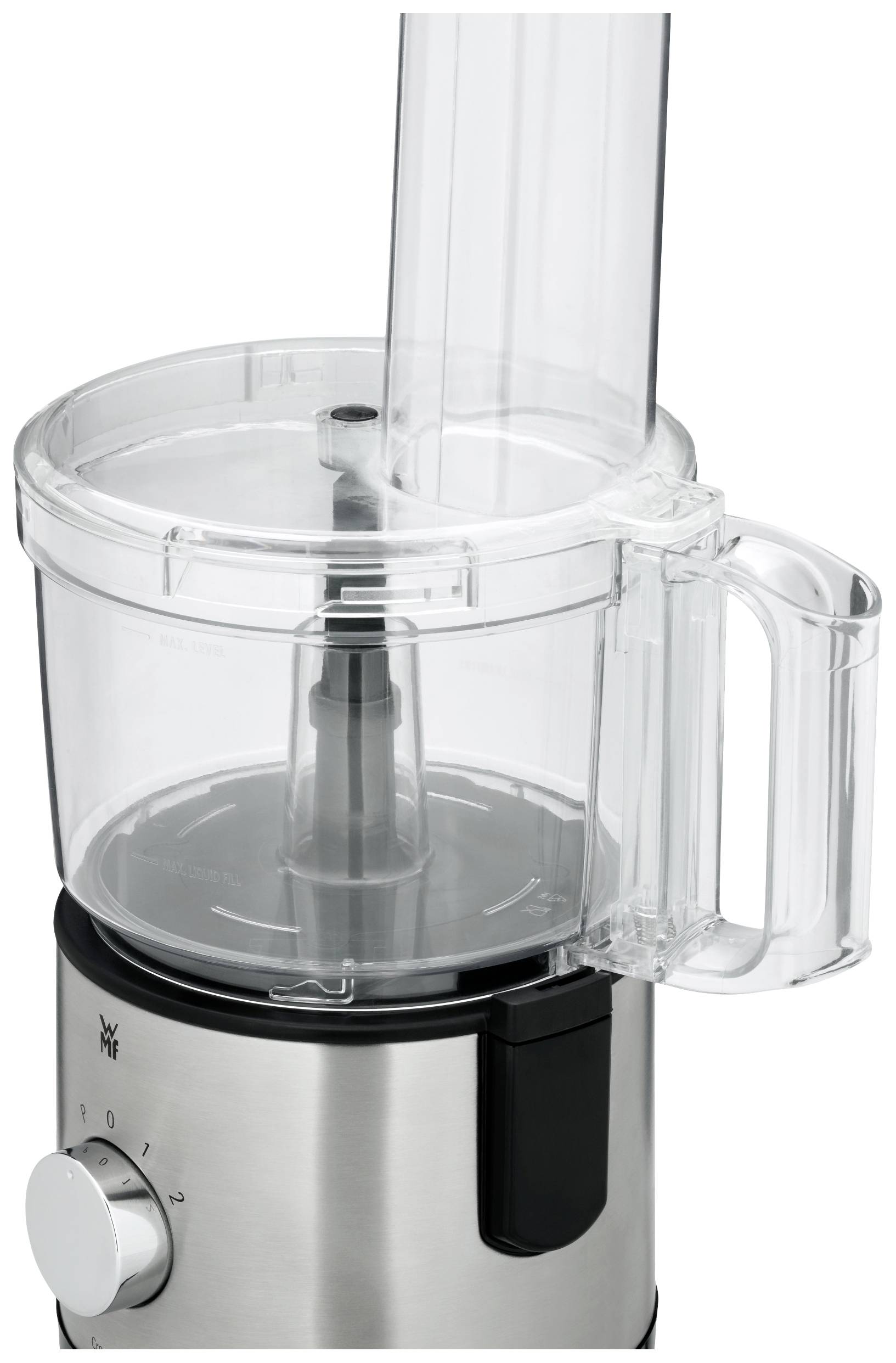 Kuchyňský robot s průhledným nástavcem na míchání a nerezovou skříní, vhodný pro drcení a míchání surovin.