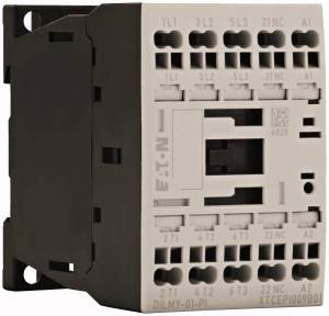 Elektromagnetický stykač Eaton, model DILM9-01-PL, pro řízení elektrických obvodů v budovách nebo průmyslových zařízeních.