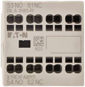 Obdélníkový elektrický prvek od společnosti 'EATON' s označením 'DIL A-XHI11-PI'. Má několik čtvercových konektorových pozic.
