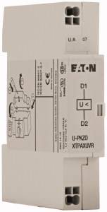 Bílá elektrická komponenta od společnosti Eaton, model U-PKZ0 XTPAXIIVR, s symboly a označením CE.