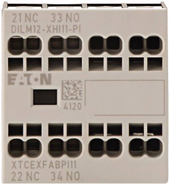 Šedostříbrná svorka Eaton s označením produktu. Obsahuje přípojky a technické značení. Model: DILM12-XHI11-PI.