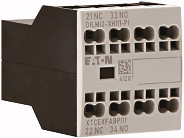 Elektrický modulový nástavec s několika kulatými konektorovými přípojkami. Nahoře je viditelné textové pole s nápisem 'Eaton' a sériovým číslem.