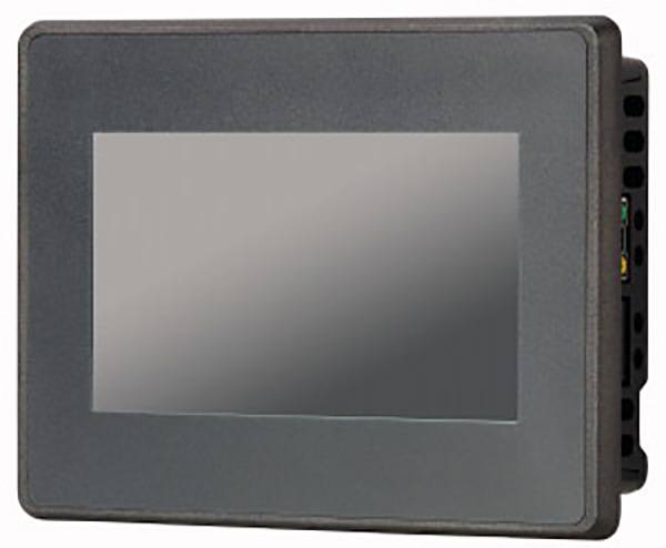 Šedé, obdélníkové elektronické zařízení s centrálním displejem. Vypadá to, že se jedná o dotykový panel nebo ovládací zařízení.