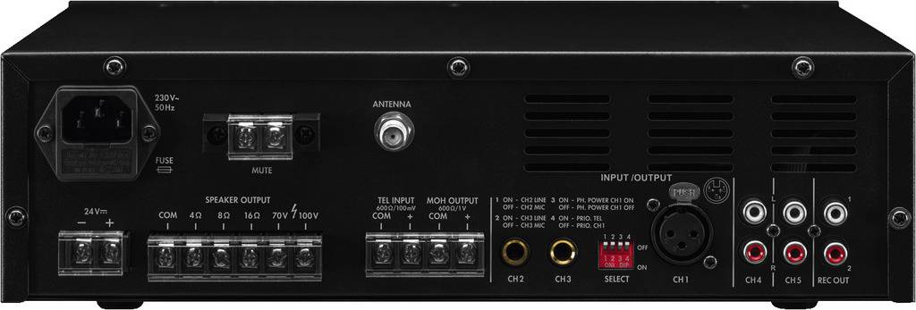 Zadní strana audiovzesilovače s přípojkami pro napájení, anténu, reproduktory a různé vstupní/výstupní porty.