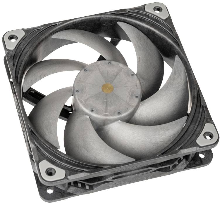 Počítačový ventilátor s pěti šedými lopatkami v čtvercovém rámu, namontovaný pro chlazení elektronických komponent.