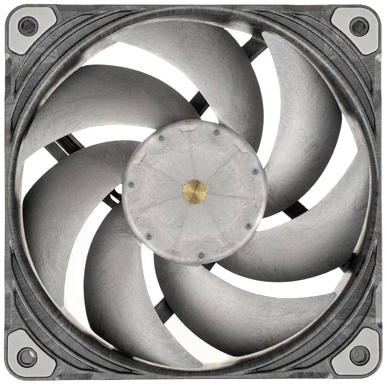 Čtvercový počítačový ventilátor se sedmi šedými lopatkami. Ventilátor v symetrickém, spirálovitém uspořádání.