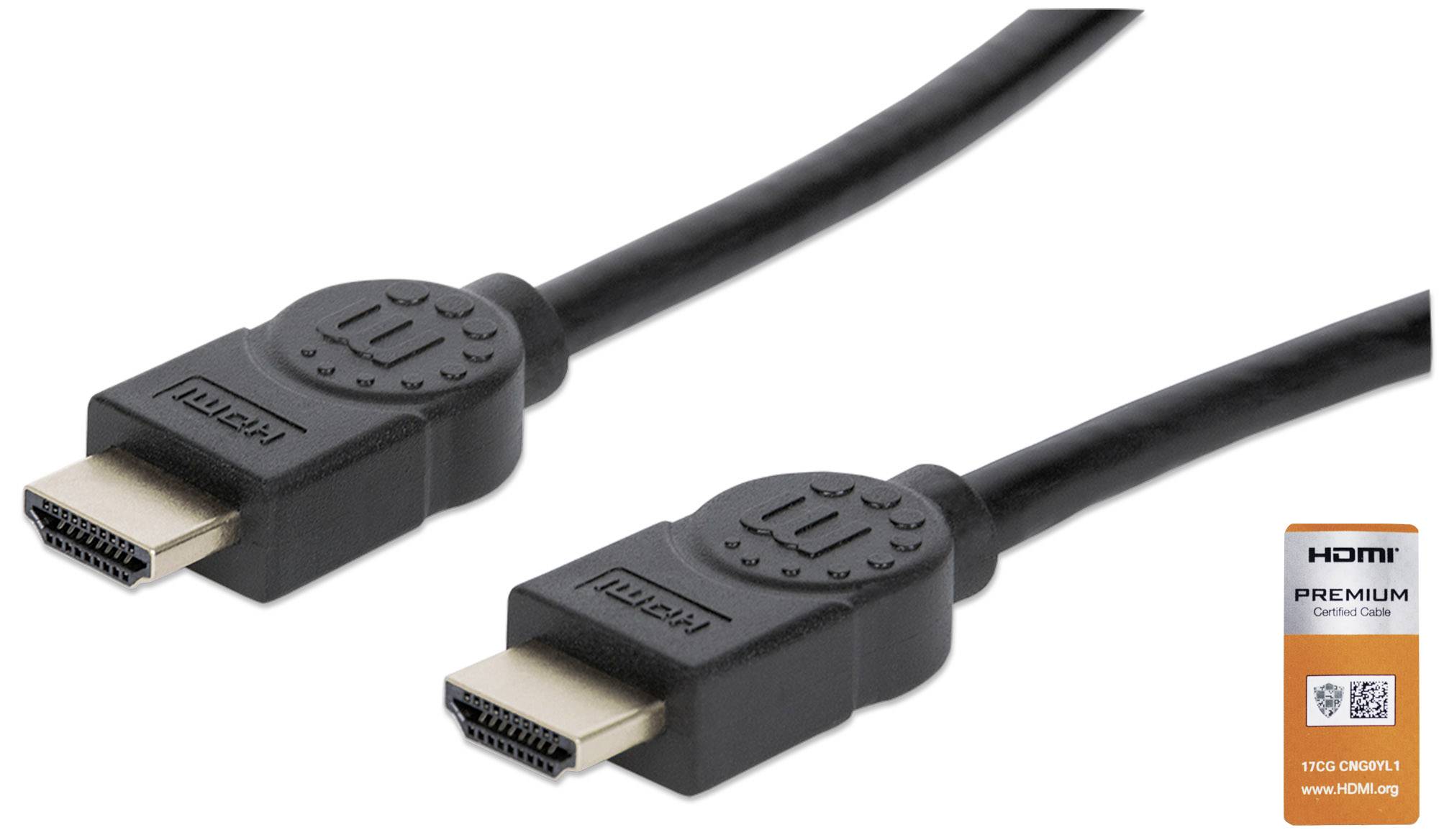 Černý HDMI kabel se dvěma konektory, jeden umístěný vlevo a druhý vpravo na obrázku. Vedle kabelu je viditelná certifikační pečeť 'HDMI Premium Certified Cable'.