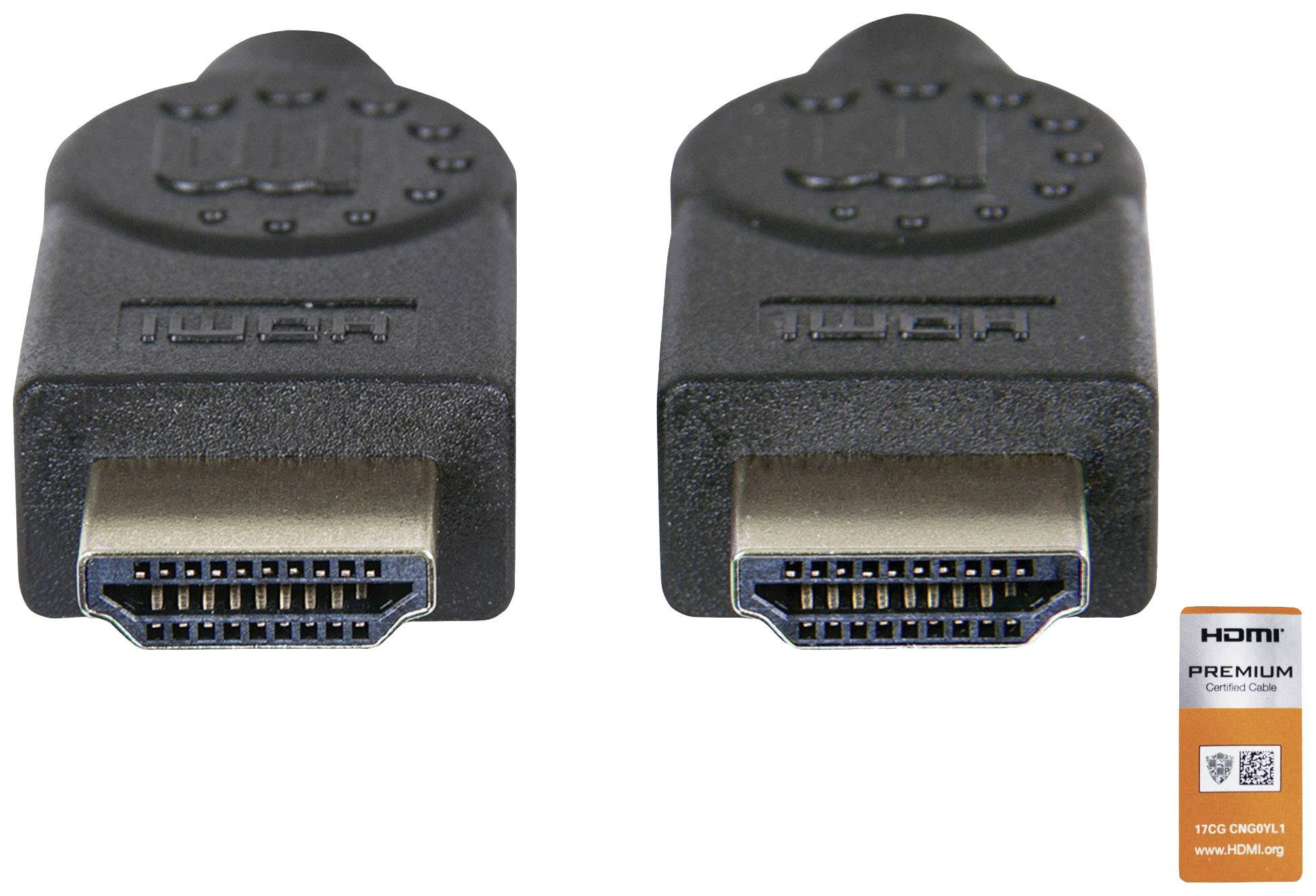 Dva černé HDMI konektory s logem "HDMI Premium Certified Cable" a QR kódem vpravo dole.