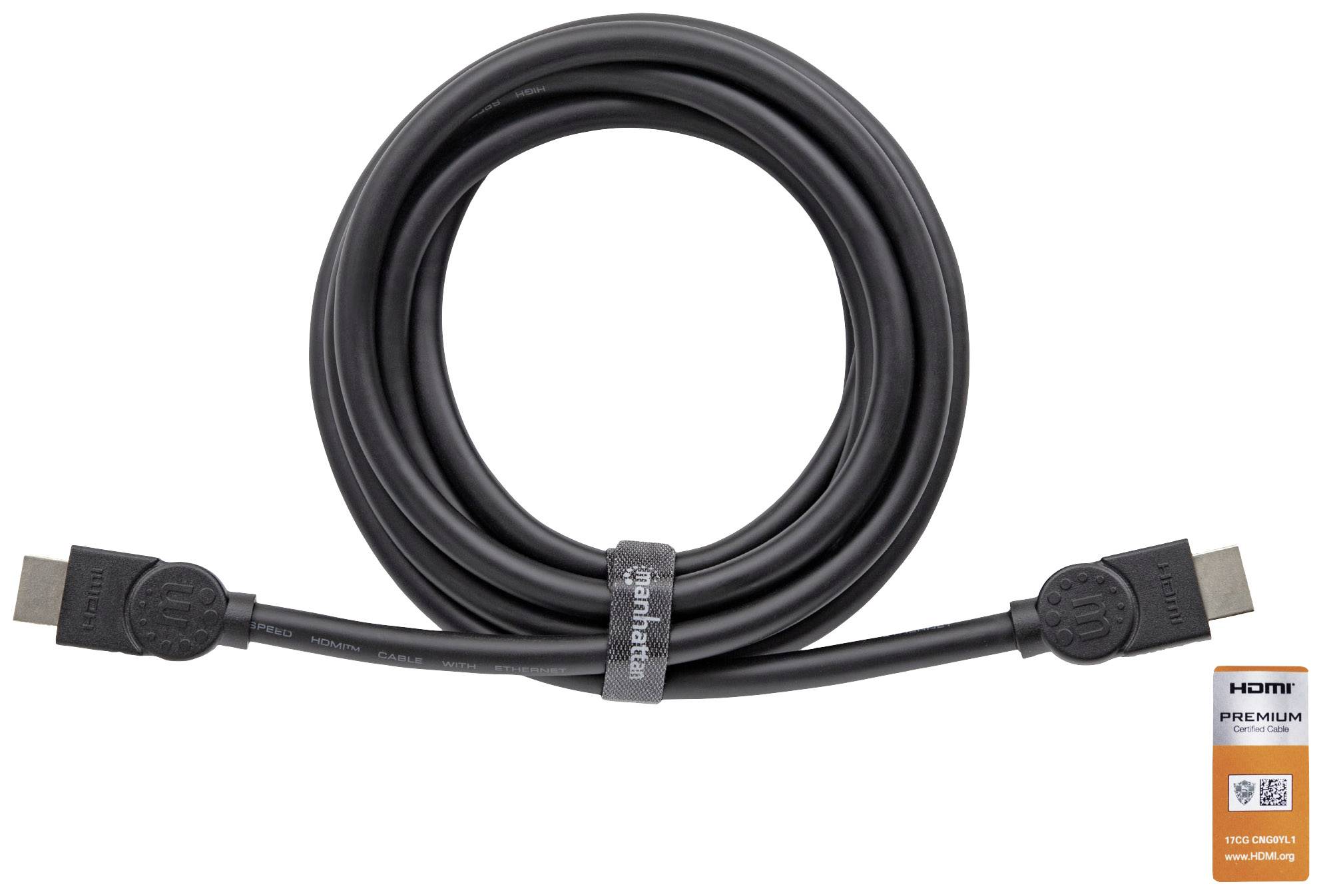 Černý HDMI kabel ve smyčce. Označení 'HDMI Premium'. Vhodný pro vysoce kvalitní přenos audia a videa.
