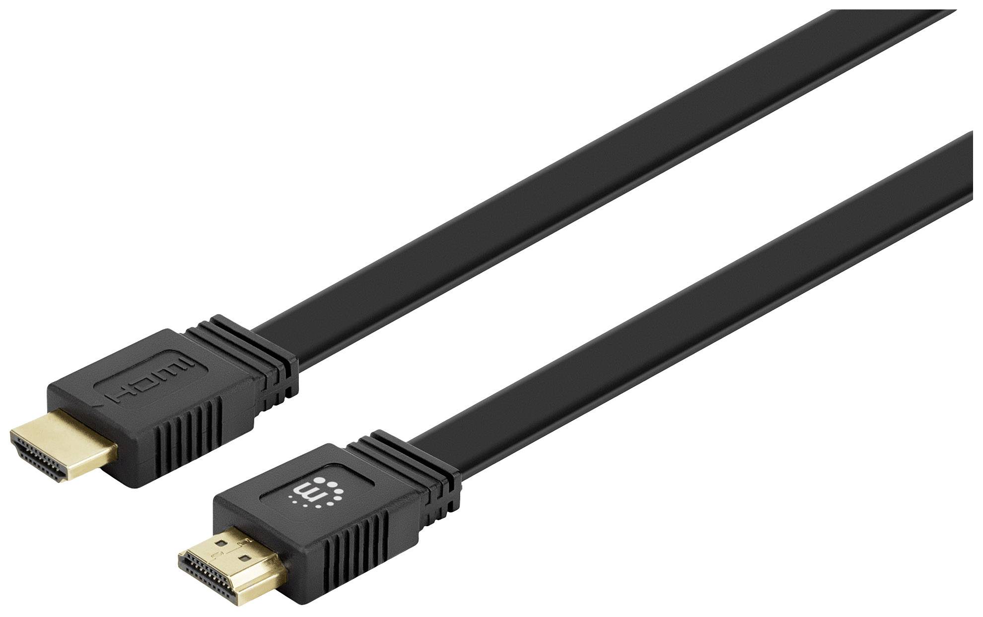Černý HDMI kabel se zlatými konektory na bílém pozadí, vhodný pro připojení audio a video zdrojů.