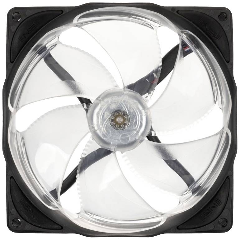 Transparentní chladící ventilátor s pěti listy před černým rámem.