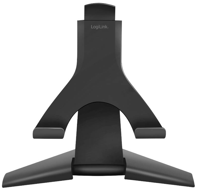 Černý držák tabletu se třemi rameny, vhodný pro různé velikosti tabletů, na bílém pozadí.
