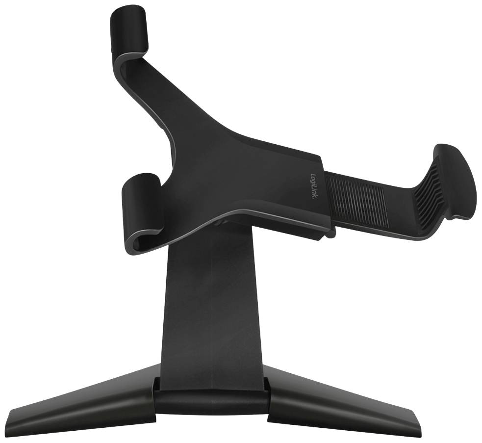 Černý stojan na tablet s nastavitelnými držáky. Vhodný pro různé velikosti tabletů a úhly naklonění.