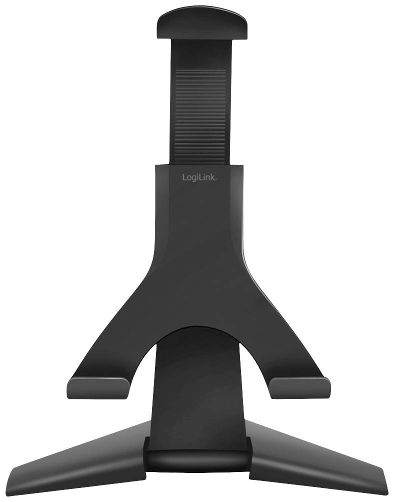 Černný nastavitelný stojan na tablet s protiskluzovým povrchem, vhodný pro horizontální i vertikální umístění zařízení.