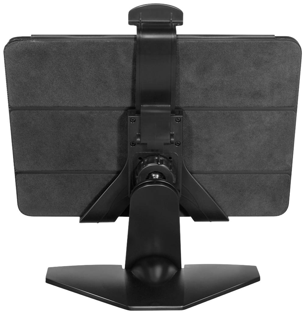 Pohled zezadu na černý stojan na tablet, který drží tablet. Stojan má stabilní základnu a flexibilní úchyty.