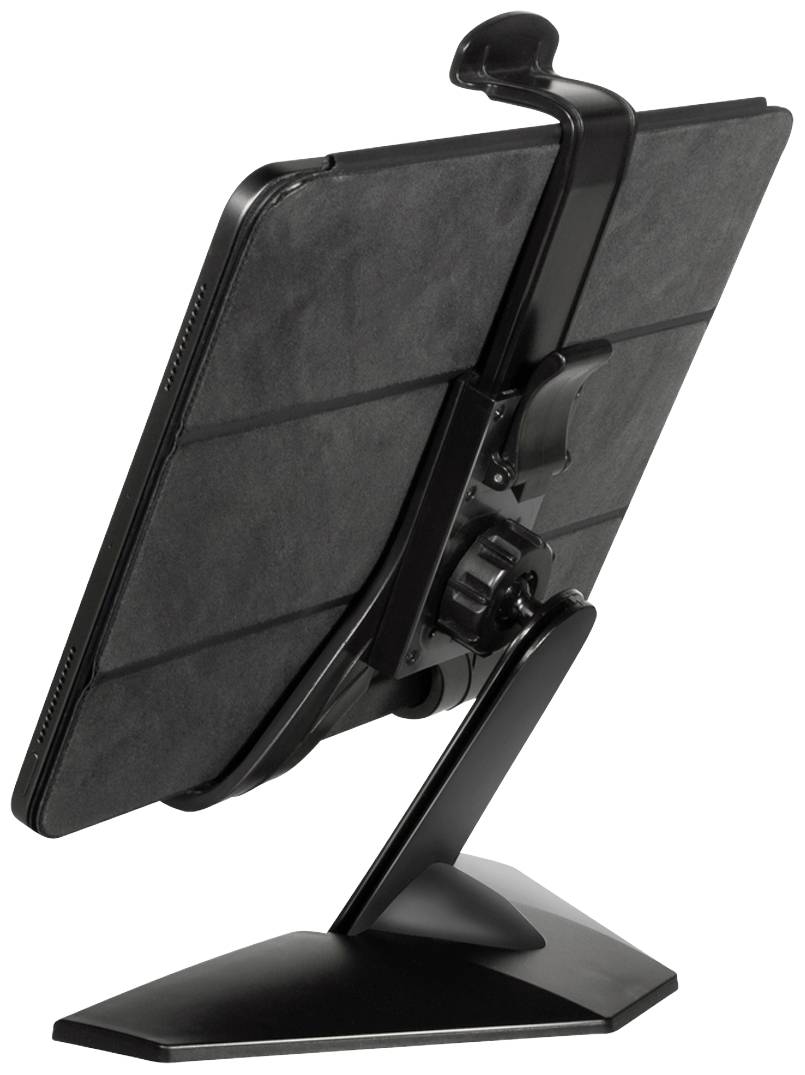 Černený stojan na tablet, který drží tablet. Má stabilní základnu a nastavitelný držák pro různé velikosti tabletů.