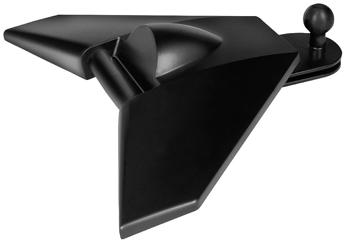 Černý lesklý moderní klika ve stylovém designu s geometrickými tvary, zobrazený z boku.