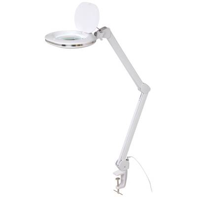 Bílá stolní lampa s nastavitelným ramenem a kulatou svítící plochou, upevněná na okraji stolu. Ideální pro přesné práce.