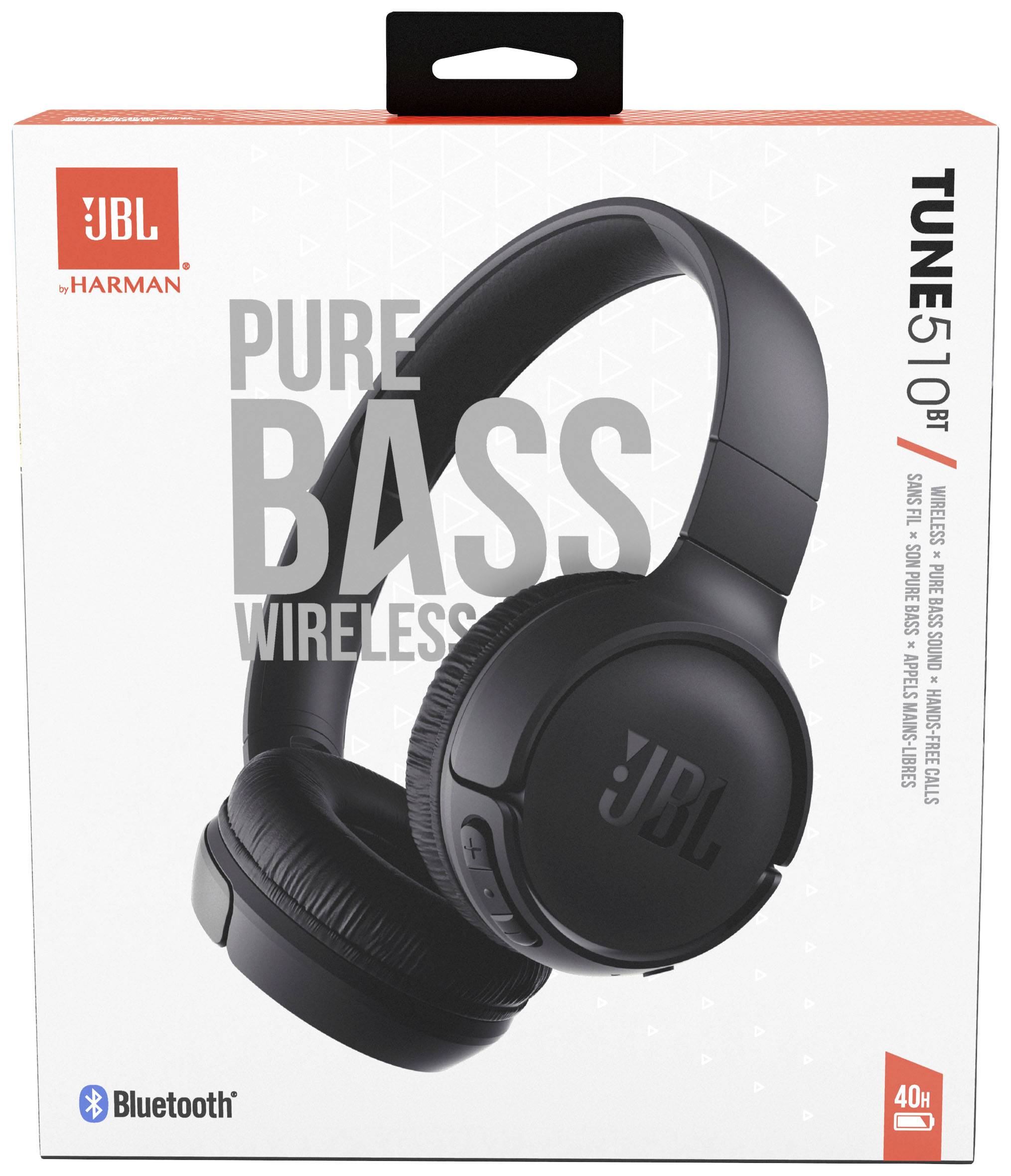 Obal sluchátek s nápisem 'Pure Bass Wireless' na přední straně, označený jako JBL Tune 510 BT s funkcí Bluetooth.