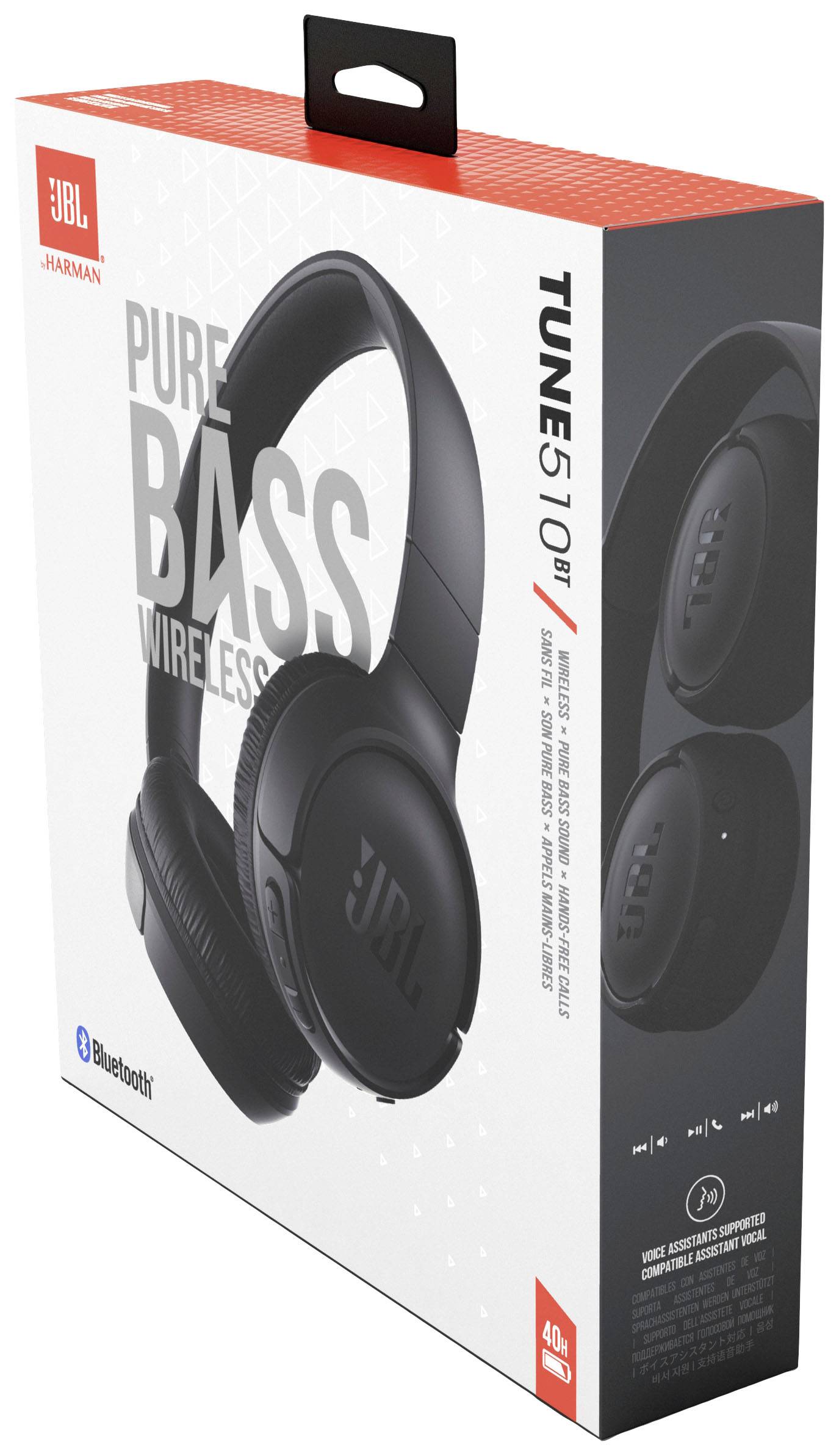 Balení bezdrátových sluchátek JBL Tune 510BT, propagovaných heslem 'Pure Bass Wireless'. Podporuje Bluetooth s výdrží baterie 40 hodin.