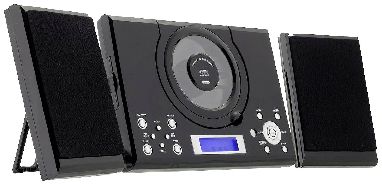 Kompaktní hi-fi systém s přehrávačem CD uprostřed a dvěma odnímratelnými reproduktory po stranách.