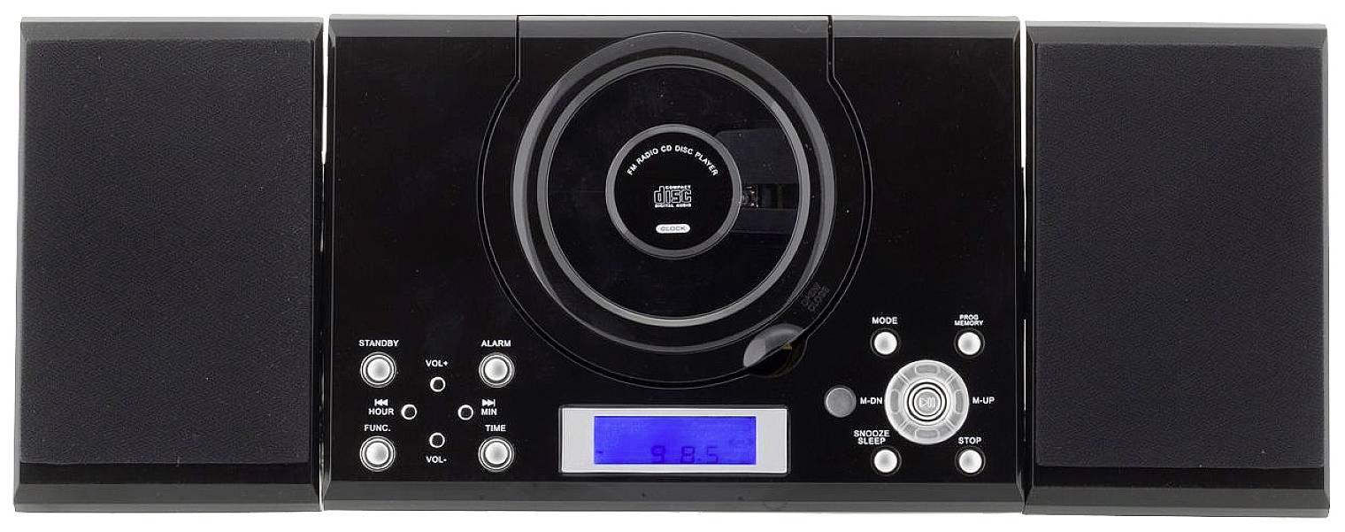 Černý stereo kompaktní hudební systém se dvěma reproduktory, CD přehrávačem uprostřed a modrým digitálním displejem dole.