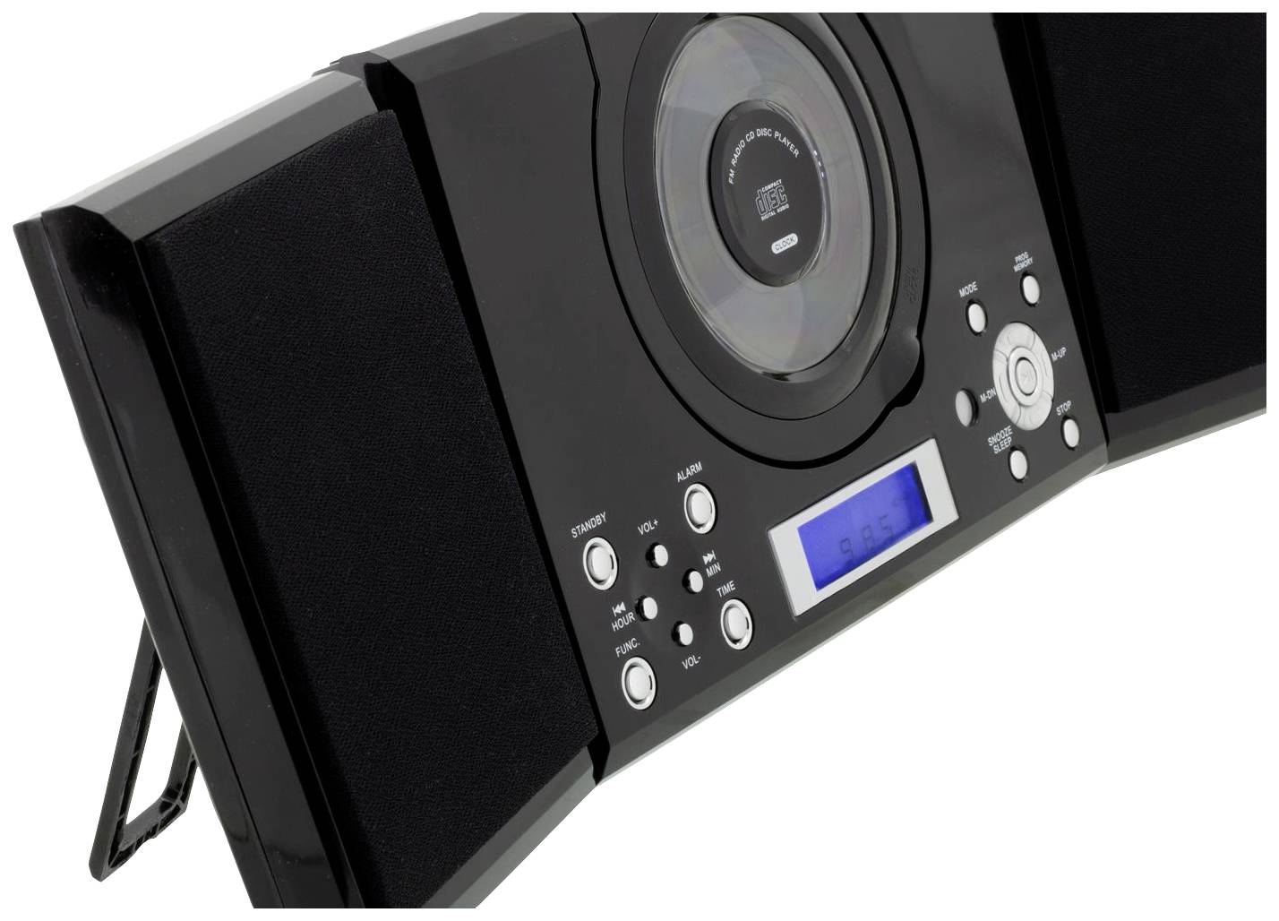Černá stereo soustava s CD přehrávačem, reproduktory a ovládacími prvky; malý displej zobrazuje informace.